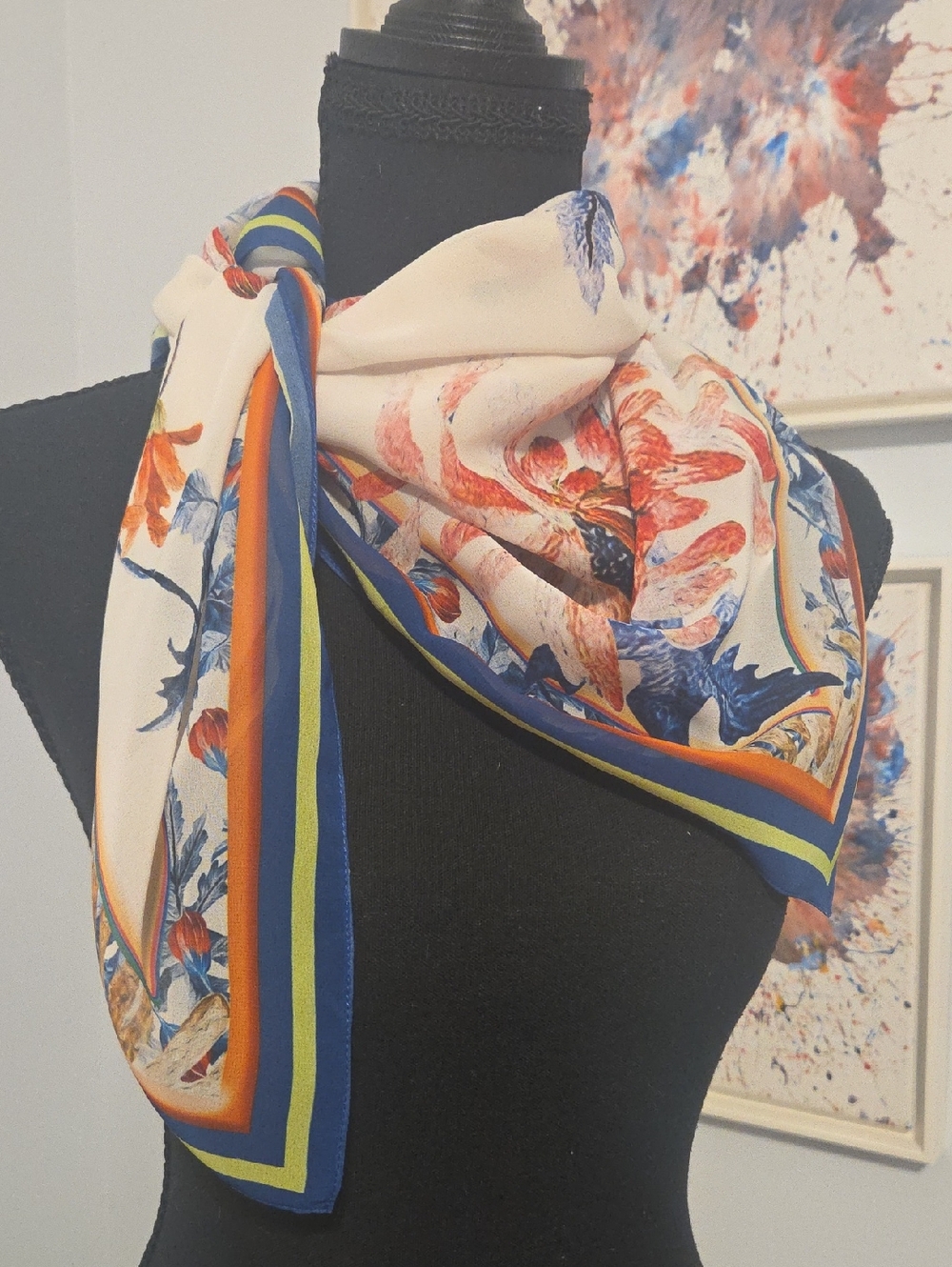 Cream Floral Border Scarf with Blue & Orange Trim